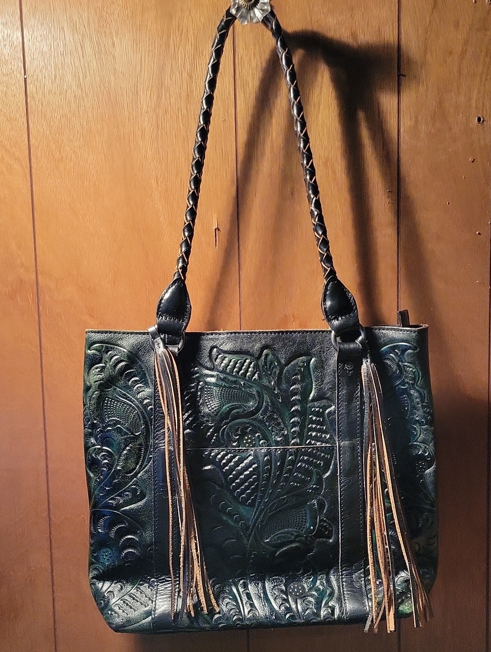 Patricia Nash Teal & Emerald Embossed Leather Tote with Braided Straps
